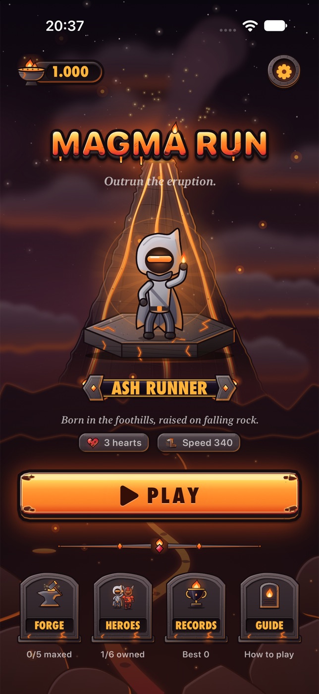 The camp: the runner on a basalt pedestal, the molten Play button and stone tablets for Forge, Heroes, Records and Guide