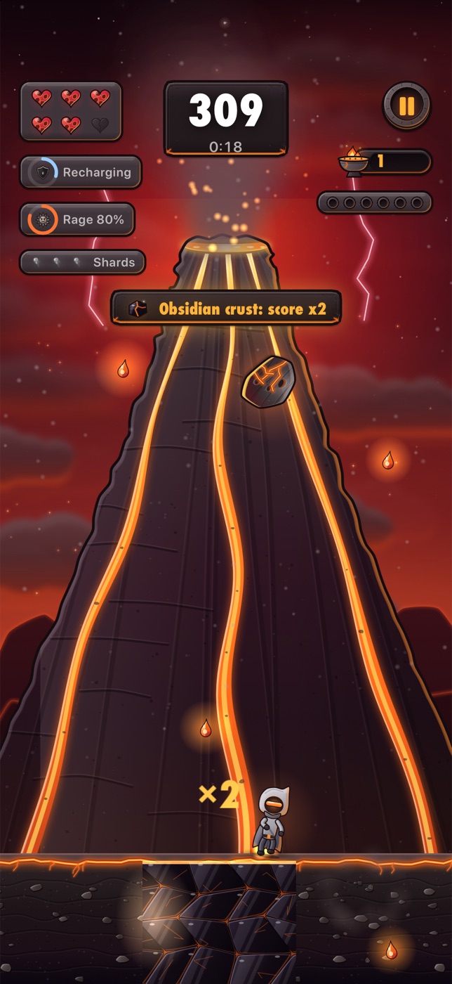 Gameplay: the runner stands on a cooled obsidian strip marked x2 at the foot of a red, angry volcano